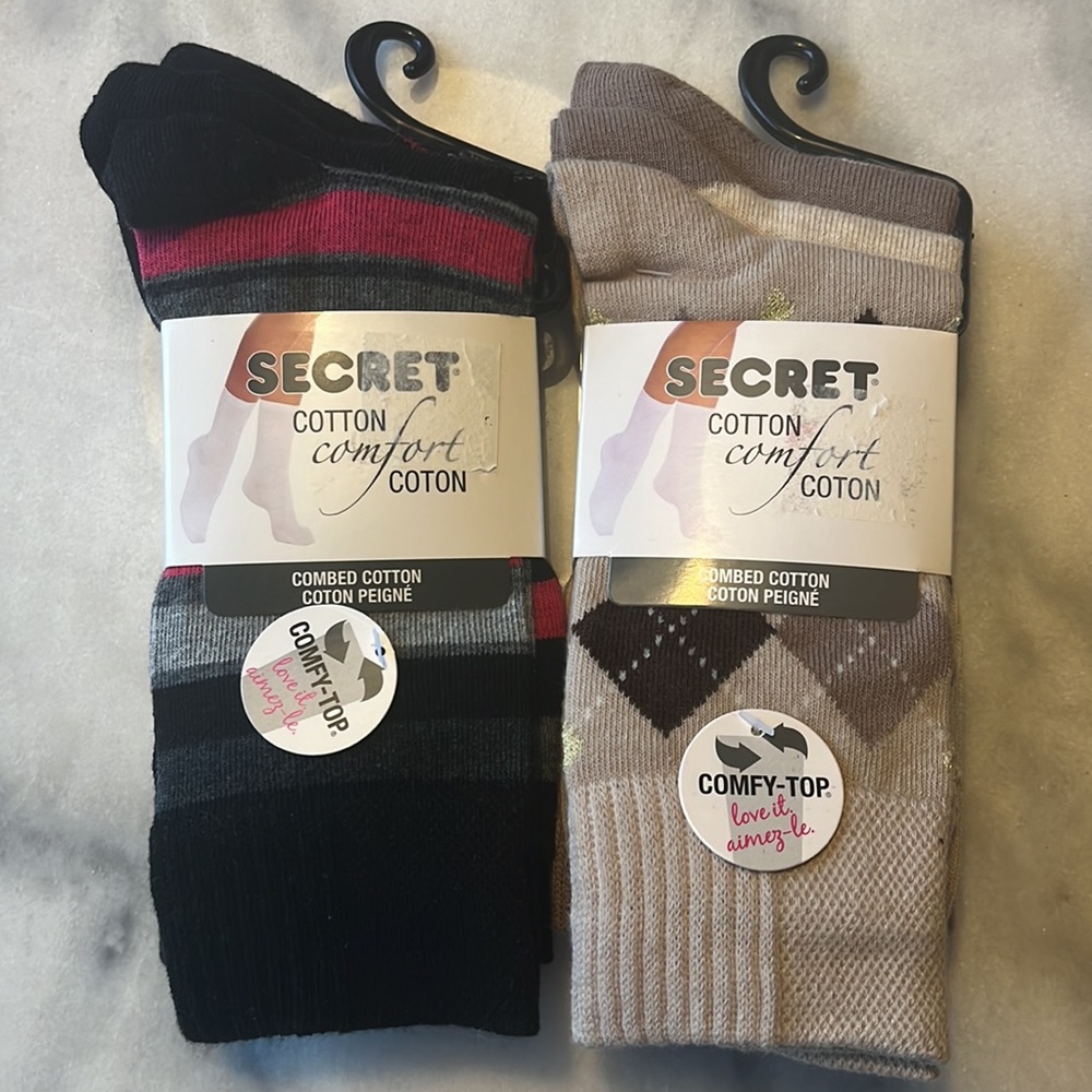 NEW - 6 pairs of Secret cotton comfort socks - 2 packs with 3 pairs each